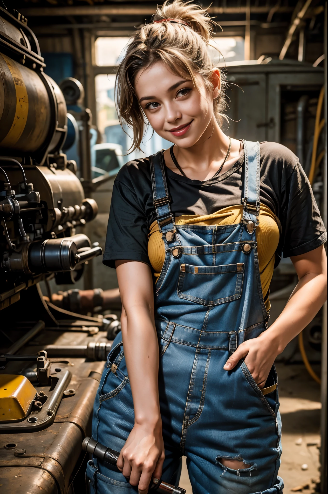 Female mechanic at work, grimy overalls, greasy, holding a wrench, bent over, open overalls, curvy, cute smile, masterpiece, vivid, photorealistic, bare skin, renatadaninsky