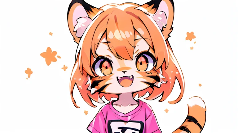 (masterpiece, High quality, Best quality, 8k, High resolution), ((chibii style, chibi cute)), (solo, 1 kid girl), {tiger girl, tiger face, 2 fangs, long eyelashes, eyeliner} {tiger whiskers}, (((Tiger skin all over the body, Tiger stripes on the body))), (orange hair), short hair, hair clip, [[hair clip white flower on hair]], ((very happy)), ((open mouth)), orange eyes, [black pupile], ((looking up)), (very small breasts), thin arms, (one Arm up, one arm down), armpits, ((mini pink T-shirt, full pink T-shirt)), {white shorts}, {{{mini tiger Tail, Tail on the back}}}, (full body), (((standing, jumping chopped angle))), dynamic pose, white background, simple background, ((((Tora-chan no Hanayome style)))), (old anime 40s style), anime style, anime color.