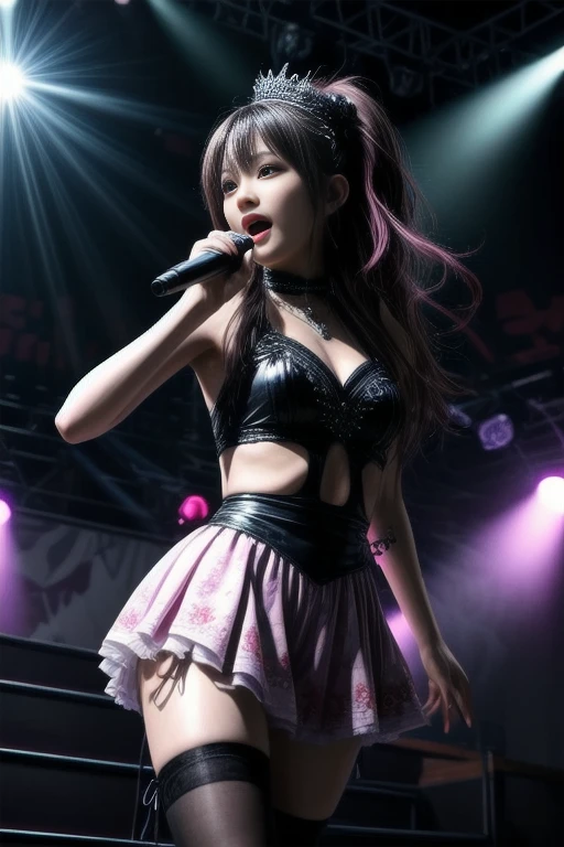 ((8k, RAW photos, best image quality, masterpiece,:1.2)), (realistic, photorealistic: 1.3),(depth of field: 1.2),18 years old beautiful Japan girl, dynamic angle,(1 person:1.3),1 girl,solo,sci-fi,futuristic idol, colorful and high-tech idol dress, glowing neon light idol dress, holographic clothing, reflective dress, techwear, volumetric lighting, glowing eyes, rainbow hair, long hair, flowing hair, cute smile, microphone, neon lights, neon rim lights, laser beam on stage, psyllium, spotlights, cowboy shots, moody lighting, concert venue, on stage, (audience around stage: 1.5), (singing with microphone on stage:1.5),Complex Detail,Cyberpunk,(Exploding Pixel Particles:1.2),Dynamic Lighting,From Below