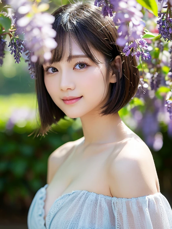 Medium Shot、((Upper Body))、(highest quality:1.5)、(Realistic:1.5)、(1 person:1.5)、(Very detailed)、(High resolution)、8k、((Wear an off-the-shoulder dress))、Slightly small breasts、Natural color lips、Cute Smile、20-year-old girl、(Beautiful and elaborate face)、(Perfect and beautiful face)、(Big eyes)、(Beautiful and elaborate face)、(Beautiful, balanced eyes)、Perfect and beautiful double eyelids、Perfect and beautiful face、Arched eyebrows、 Thin eyebrows、Feminine poses、Slim face、Slim body型、Beautiful and thin nose、 Beautiful Skin、(Medium Bob Hair)、Natural Bangs、Fair skin、Front lighting、(Lighting the face)、(Beautiful cleavage)、Deep blue eyes、Slim waistline、Standing in front of a tunnel of wisteria flowers、Angle from below、Slim body、