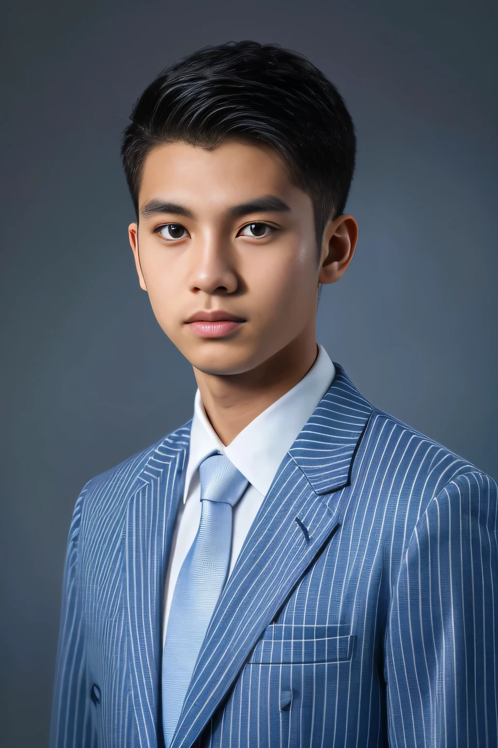 (White shirt、Tie、About 19 years old、indonesian men with a height of 165 cm)、best quality、masterpiece、ultra high resolution、(Photo realism:1.4)、original photo、(Wearing a full light blue striped suit、White shirt、Tie young handsome Indonesian man、Standing in studio photo), shadow、octane rendering、8K、Super sharpt、man&#39;s shining eyes、looking in the direction of the camera)、LED、Ultra high quality、High、gentleman, hair buzzcut、bright photos、As handsome as a model、As handsome as an idol,Professional profile photo, Professional portrait photos、Realistic portrait photos, Detailed color portrait, Portrait of an idol, High quality portrait.