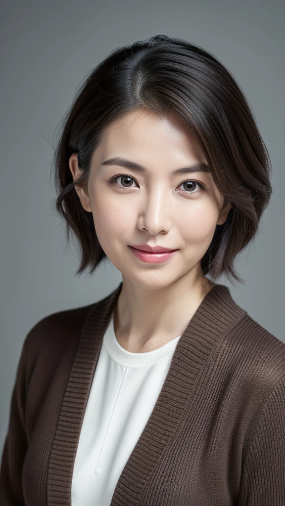 (Very detailed CG Unity 8K wallpaper,Tabletop, highest quality, Very detailed, Looking at the camera:1.2, Light on the face:1.5, Gray background, Professional Lighting), Residing in Japan３０Old woman、short hair, Black-haired, Fuller facial contours:1.5, (Thin eyebrows:1.25), Big, bright eyes, Nose is too small, Soft mouth, Physically slim, (Wear a shirt under your sweater), Impression of sincerity, Noble Mix Modification v3.0