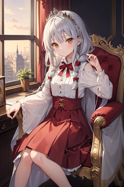 masterpiece, highest quality, High resolution, 8--old l、Golden Eyes、
Silver Hair,  Braiding、Crimson classic dress, flare skirt、Very Long Skirt、Tiara on head、Western-style building、Luxurious chair、Sit by the window