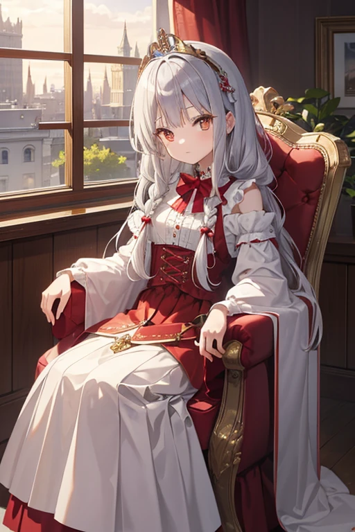 masterpiece, highest quality, High resolution, 8--old l、Golden Eyes、
Silver Hair,  Braiding、Crimson classic dress, flare skirt、Very Long Skirt、Tiara on head、Western-style building、Luxurious chair、Sit by the window