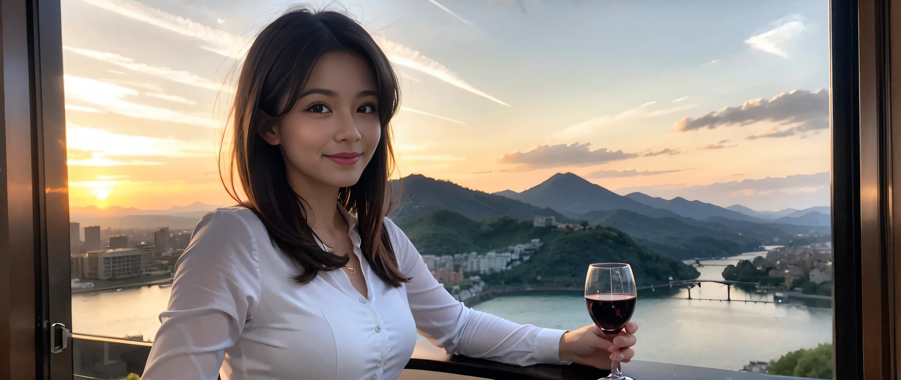 ((highest quality、8k、masterpiece:1.3))、Sharp focus:1.2、Beautiful woman perfect body:1.4、Slim body、((Bob Hale、Straight hair:1.2))、(to be born, highest quality, masterpiece:1.5), (Realistic, Intricate details:1.2), Ultra-high resolution, Put the light on your face、Amazing view of the sunset sky and clouds、Amazing mountain views、A bright smile、wine glass、red wine 、Appetizers、Italian food、Wine bottle、Champagne、sparkling wine、, Beautiful Face, blue eyes, The light shines on your face, Blushing, short hair,Bright Face、Fox face、 (36 years old), 39 years old, Lady、Two beauties、Brown Hair、Shortcuts、Long sleeve shirt、dress、Pretty Woman 1, (Slim face), (The body is slim), (Brown Hair), (Shortcuts), cheeks turn a little red,Attractive beauty、, Out of the window, A beautiful and detailed night view unfolds.........., restaurant, In a prominent place (From the waist up) Nova Frog Style, actress, model, Upper Body, White wine, slim, wine glass, A wine glass placed in the middle, smile, (smile: 1.15), Beautiful fine grain, Depth f/2,saturation, High Contrast, Strong light and shadow,Moist Body:1.5、3D texture、Delicate eyes、Brown Hair、The hair is very shiny、