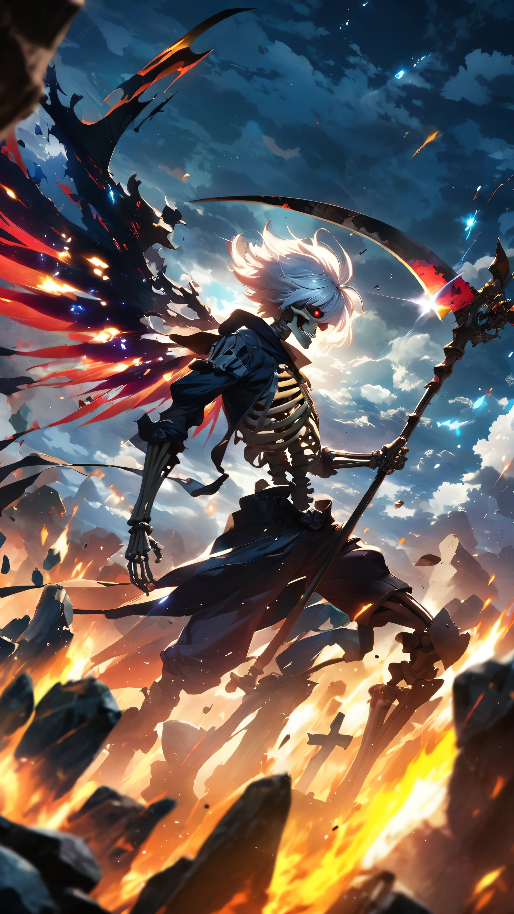 Anime scene, abstract, game boss, ((Skeleton holding a scythe) :1.5), ((white hair)), dynamic pose, plasma wings, rocks, fire, Crosses, Cloudy sky, night, abasterpiece)), ((best quality)), ultra detailed,((illustration)), dynamic angle, detailed light, (delicate eyes), (ahoge:0.8),apathy, ray，frontage，style of anime4 k， 4k anime wallpaper， badass anime 8 k， 4 k comic wallpaper