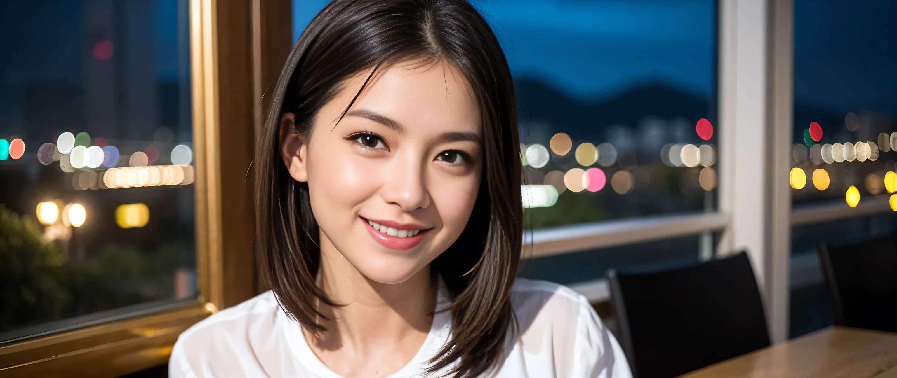 ((highest quality、8k、masterpiece:1.3))、Sharp focus:1.2、Beautiful woman perfect body:1.4、Slim body、((Bob Hale、Straight hair:1.2))、(to be born, highest quality, masterpiece:1.5), (Realistic, Intricate details:1.2), Ultra-high resolution, Put the light on your face、Amazing view of the sunset sky and clouds、Amazing mountain views、A bright smile、wine glass、red wine 、Appetizers、Italian food、Wine bottle、Champagne、sparkling wine、, Beautiful Face, blue eyes, The light shines on your face, Blushing, short hair,Bright Face、Fox face、 (36 years old), 39 years old, Lady、Two beauties、Brown Hair、Shortcuts、Long sleeve shirt、dress、Pretty Woman 1, (Slim face), (The body is slim), (Brown Hair), (Shortcuts), cheeks turn a little red,Attractive beauty、, Out of the window, A beautiful and detailed night view unfolds.........., restaurant, In a prominent place (From the waist up) Nova Frog Style, actress, model, Upper Body, White wine, slim, wine glass, A wine glass placed in the middle, smile, (smile: 1.15), Beautiful fine grain, Depth f/2,saturation, High Contrast, Strong light and shadow,Moist Body:1.5、3D texture、Delicate eyes、Brown Hair、The hair is very shiny、