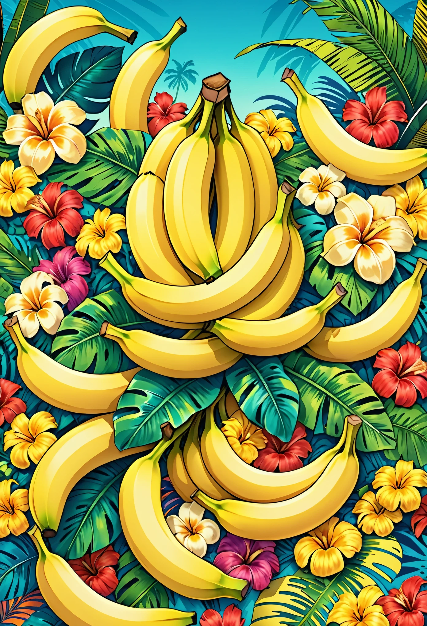 Vector Art, Colorful illustration with lots of bananas, In the center, Vibrant colors, High Detail,Hawaiian style background