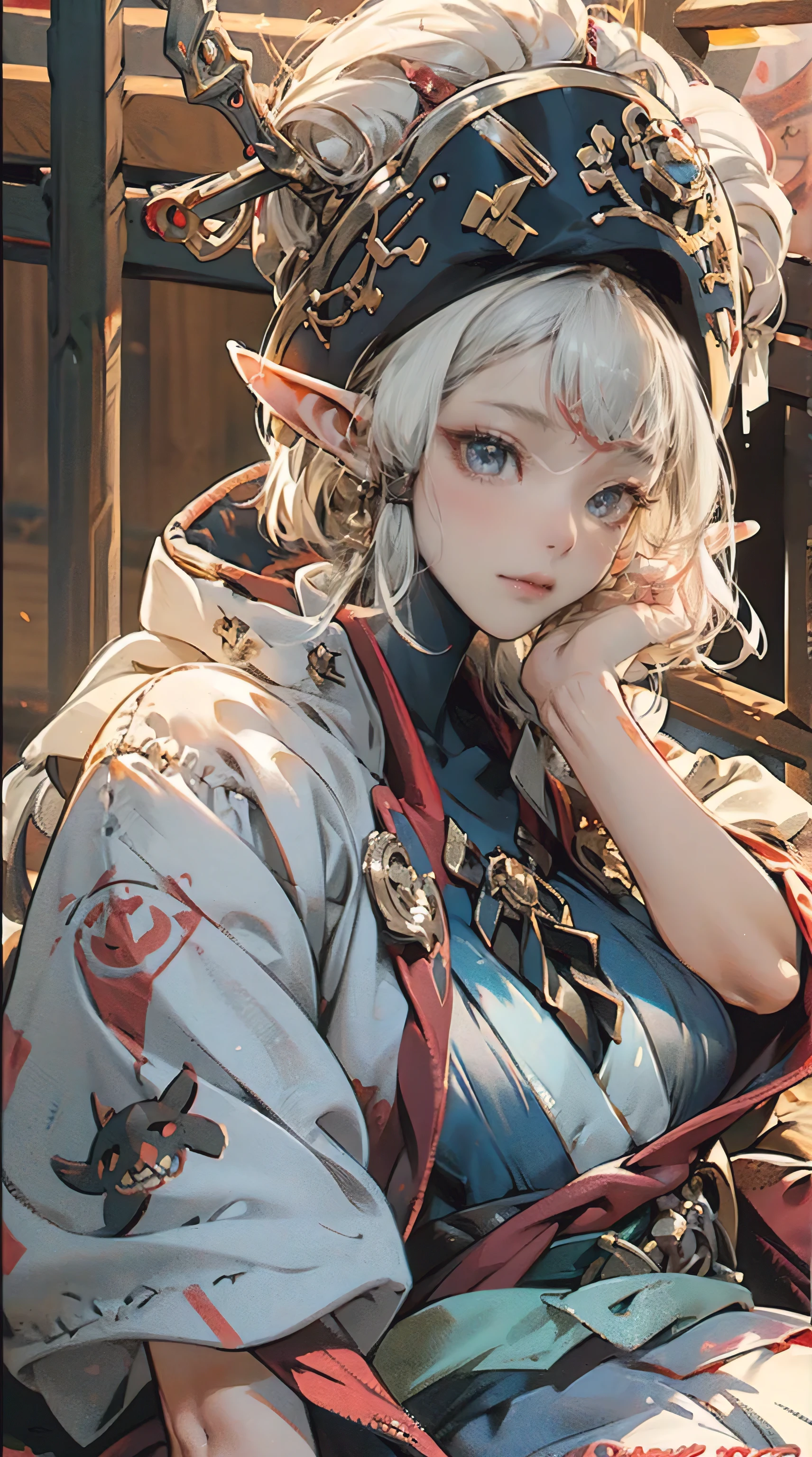 paya, a beautiful Extremely cute elf race face, 1girl, insanely detailed face and eyes, Perfect lips, pirate captain, Sunshine, hands on straw hat, red jacket, Lying down,, closed shirt, pirate hat, looking at viewer, upper body, ABS, asymmetrical bangs, white blonde short hair, Small breast, digital painting, dramatic, cinematic lighting, fine expression, fine detail, masterpiece, fantasy art, illustration, masterpiece, digital art by Yusuke Murata.
