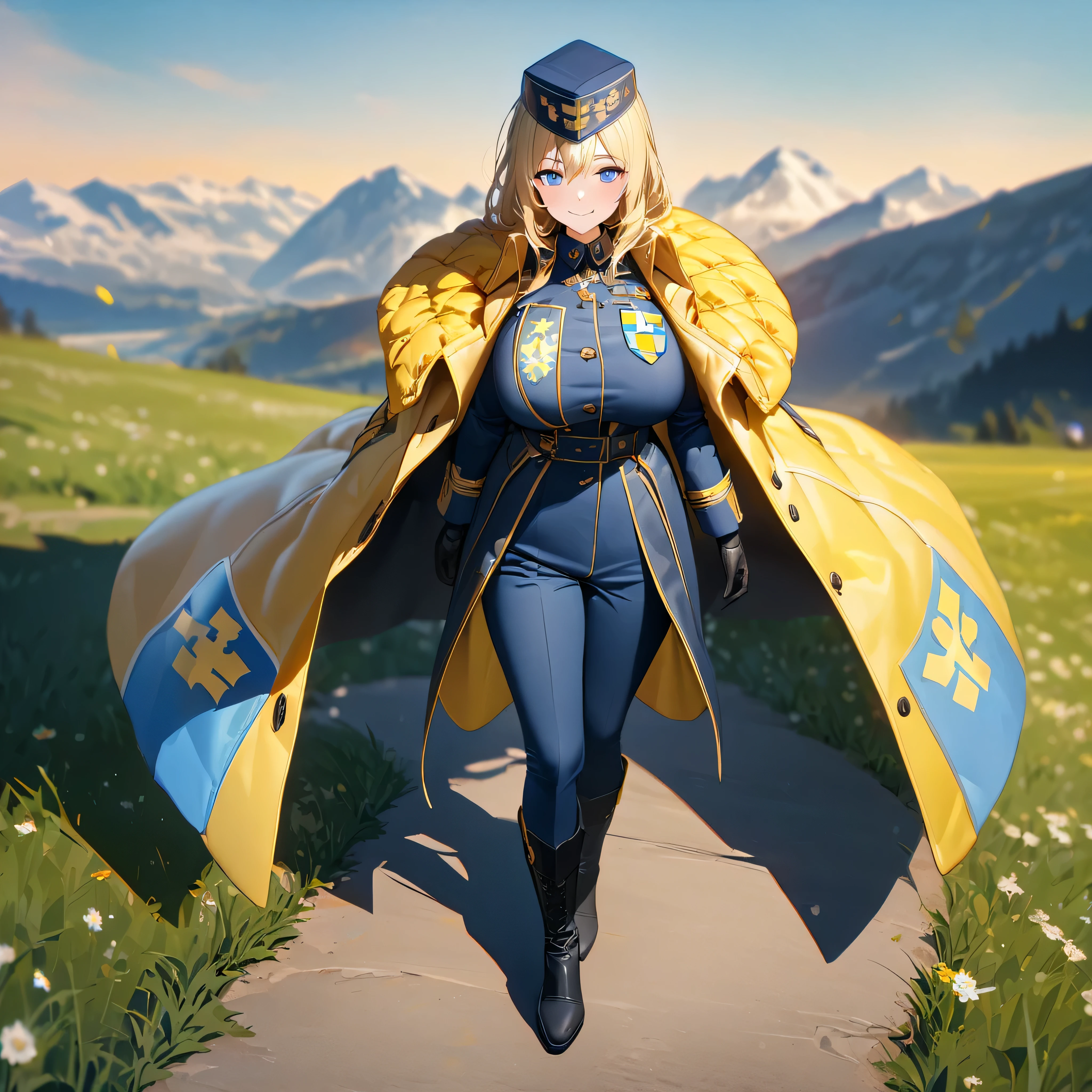 A woman wearing a dark blue military uniform with yellow details, black military boots, dark blue pants, long blonde hair with blue bangs, ice blue eyes, smiling, wearing a blue and yellow leather coat, coat of arms of Sweden, dark blue navy hat, black gloves, big breasts, full body, walking on a grassy area with mountains in the background.( solo woman), glow, drop shadow, flower, UHD, masterpiece, accurate, anatomically correct, textured skin, super detail, high quality, best quality, 8k, high resolution, bokeh effect.

