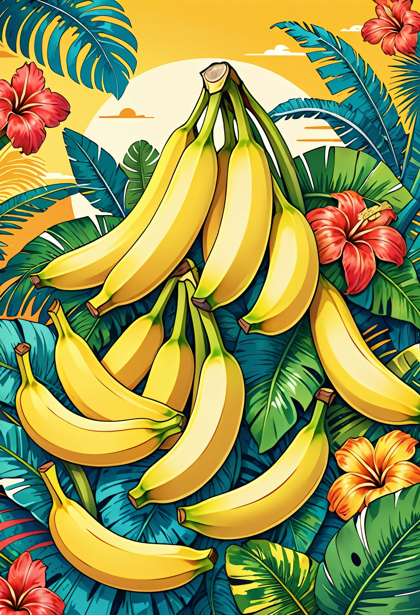 Vector Art, Colorful illustration with lots of bananas, In the center, Vibrant colors, High Detail,Hawaiian style background
