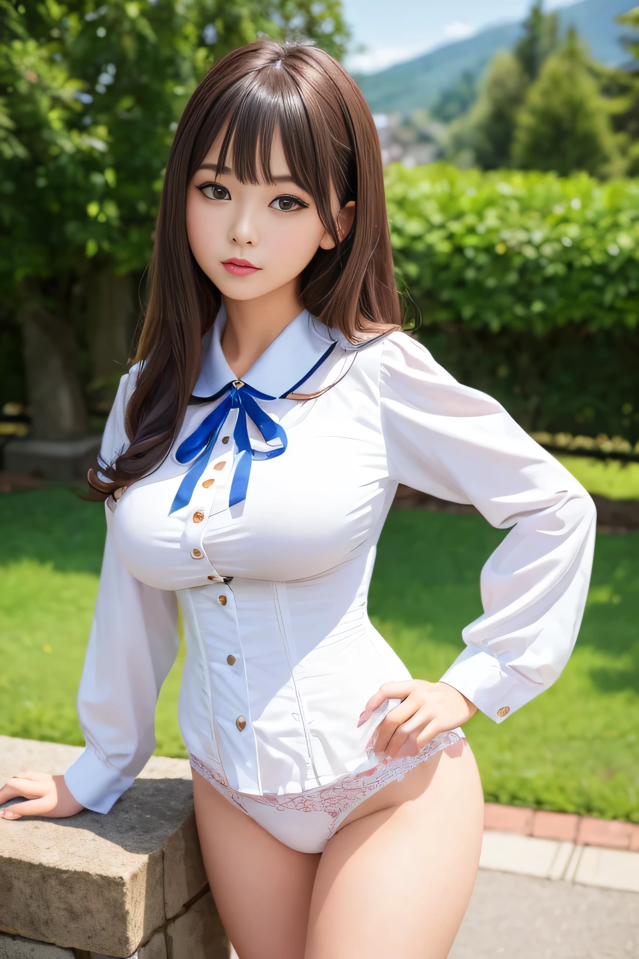 high school girl、beautiful girl、 face、Cute face、slender、((Blouse and panties))、The chest is almost open、Bodysuit-style blouse、Thighs:1.9、Thighs are out、White knee-high socks、Thick-soled shoes、Long Hair、Big Breasts、Anime big breasts、Fabric sticks to breast mold、With milk bag、、High Cut 、Push against the wall、landscape、Big Breasts、Big Breasts、(((Underbust)))、(tight)、Looking at the audience、(Sailor suit)、(highest quality:1.2)、Absurd、Intricate details、(Very detailedな肌:1.2)、whole body、Portrait、RAW Photos、highest quality、masterpiece、超A high resolution、(Photorealistic:1.4)、Octane Rendering、8K quality、Super sharp、Intricate decorative details、Extremely detailed、Low angle、high resolution、Very detailed、Beautiful fingers、Anatomically correct、whole bodyで、ta、Facing forward、Twin Drill、Clothes that don't want to be hidden,whole body、Loliashion、Cute waitress