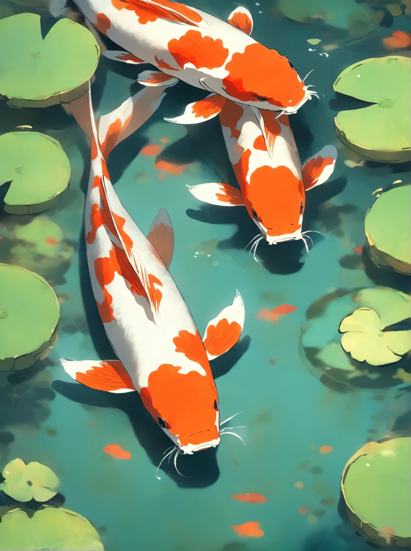 there is a fish swimming in a pond with lily pads, in a pond, peaceful and serene, by Kano Tan&#39;yū, by Asai Chū, koi pond, by Tadashige Ono, By Gigadō Ashiyuki, tranquility, by Tadashi Nakayama, by Kaigetsudō Ando, floating koi fish