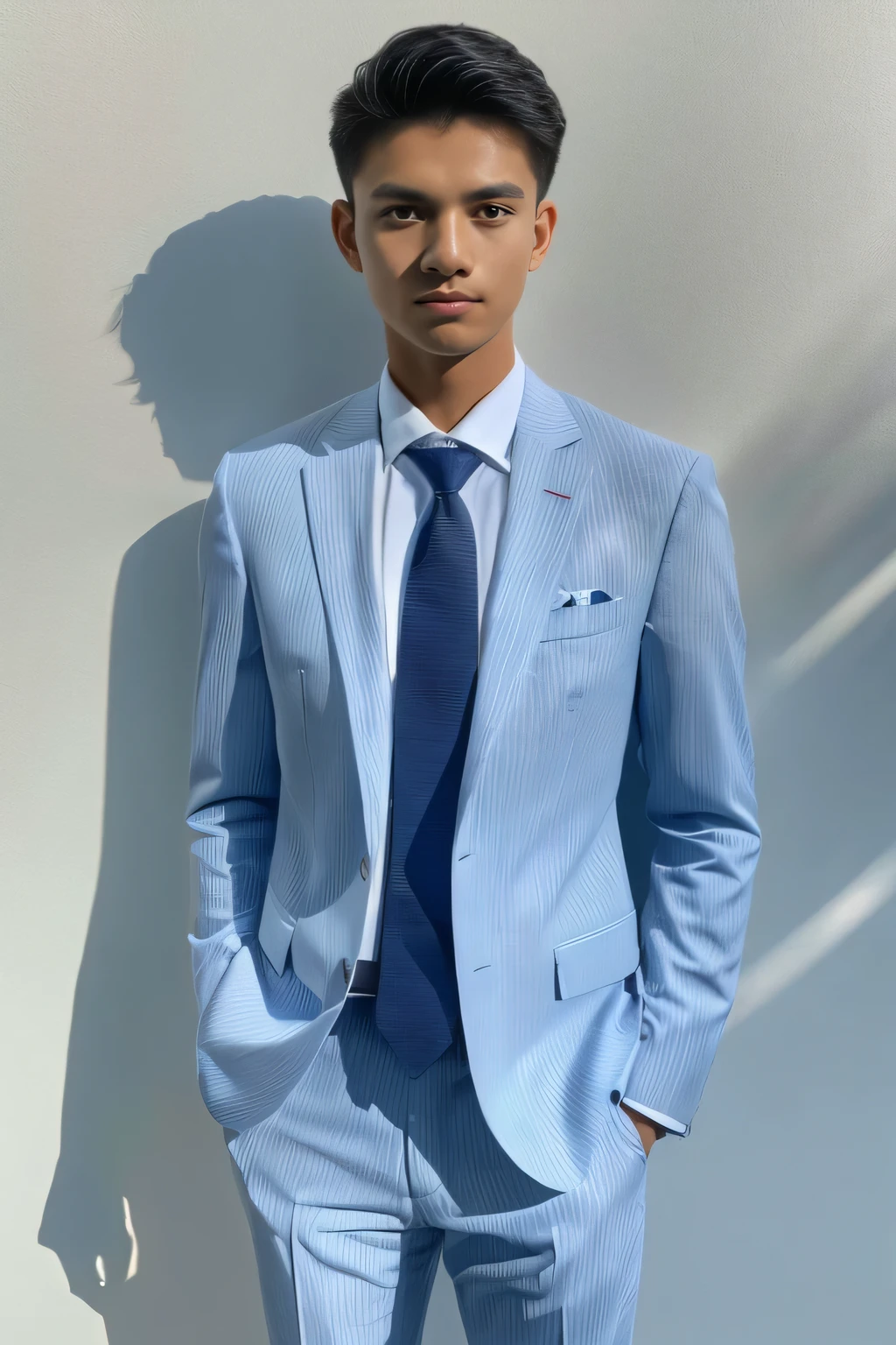 (White shirt、Tie、About 19 years old、indonesian men with a height of 165 cm)、best quality、masterpiece、ultra high resolution、(Photo realism:1.4)、original photo、(Wearing a full light blue striped suit、White shirt、Tie young handsome Indonesian man、Standing in studio photo), shadow、octane rendering、8K、Super sharpt、man&#39;s shining eyes、looking in the direction of the camera)、LED、Ultra high quality、High、gentleman, model hair buzzcut、bright photos、As handsome as a model、As handsome as an idol,Professional profile photo, Professional portrait photos、Realistic portrait photos, Detailed color portrait, Portrait of an idol, High quality portrait.