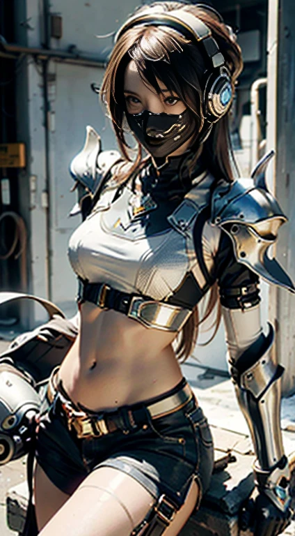 Textured skin, Super Detail, high details, High quality, Best Quality, hight resolution, 1080p, hard disk, a beauty, Girl in yellow and white armor,Put on the headphones.,The upper part opens the chest slightly.,Show your belly,The range itself is down to a pale, matte metal. ,
  
