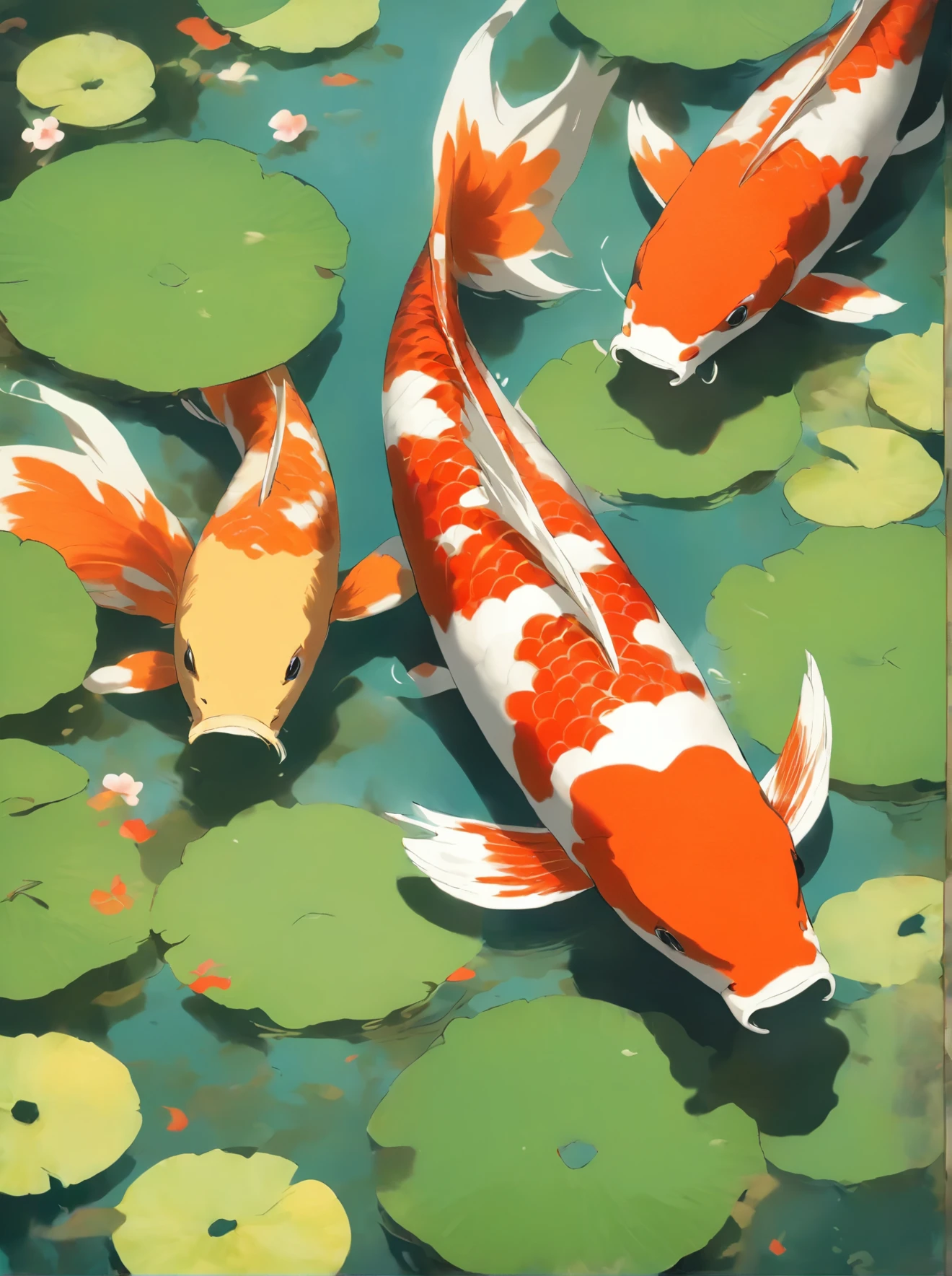 there is a fish swimming in a pond with lily pads, in a pond, peaceful and serene, by Kano Tan&#39;yū, by Asai Chū, koi pond, by Tadashige Ono, By Gigadō Ashiyuki, tranquility, by Tadashi Nakayama, by Kaigetsudō Ando, floating koi fish