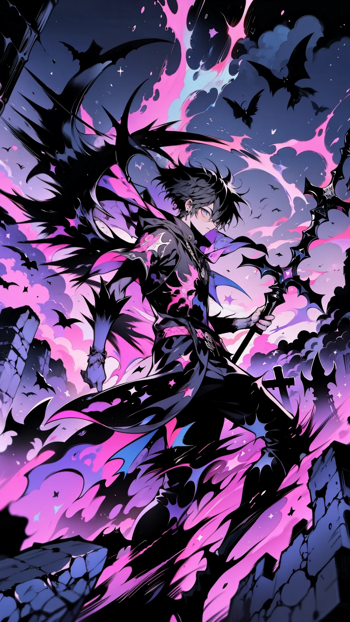 Anime scene, abstract, game boss, Skeleton holding a scythe, dynamic pose, plasma wings, rocks, fire, Crosses, Cloudy sky, night, fantasy world, dark background, clean design, epic, artstation, colorful paint splatter, silhouette, hyper detailed intricate details, unreal engine, fantasy, splash screen, complementary colors, deviantart masterpiece, oil painting, heavy strokes, paint dripping, indifferent expression