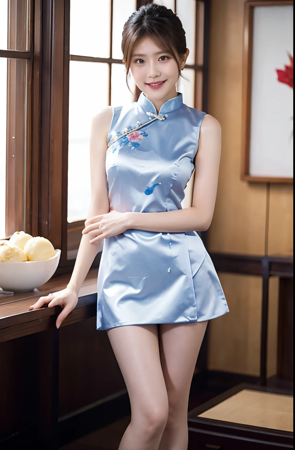 (highest quality、8k、masterpiece）、Blue satin miniskirt Chinese dress、（china clothes in mini skirts:1.4）,（White panties:1.5)、17 year old slender beauty，Flashy makeup using red eyeshadow，Open your mouth wide、Yōho、double eyelid，Delicate medium cut ponytail，squat、Spread your legs，　White pantiesーを見せる,彼女のWhite pantiesーがはっきりと見える、Sexy Chinese dress and silk mini skirt，The best smile，She is wearing a sexy short colorful cheongsam。。，Cheongsam with deep slit，Draw hands correctly，The background is the bright interior of a Chinese restaurant...，