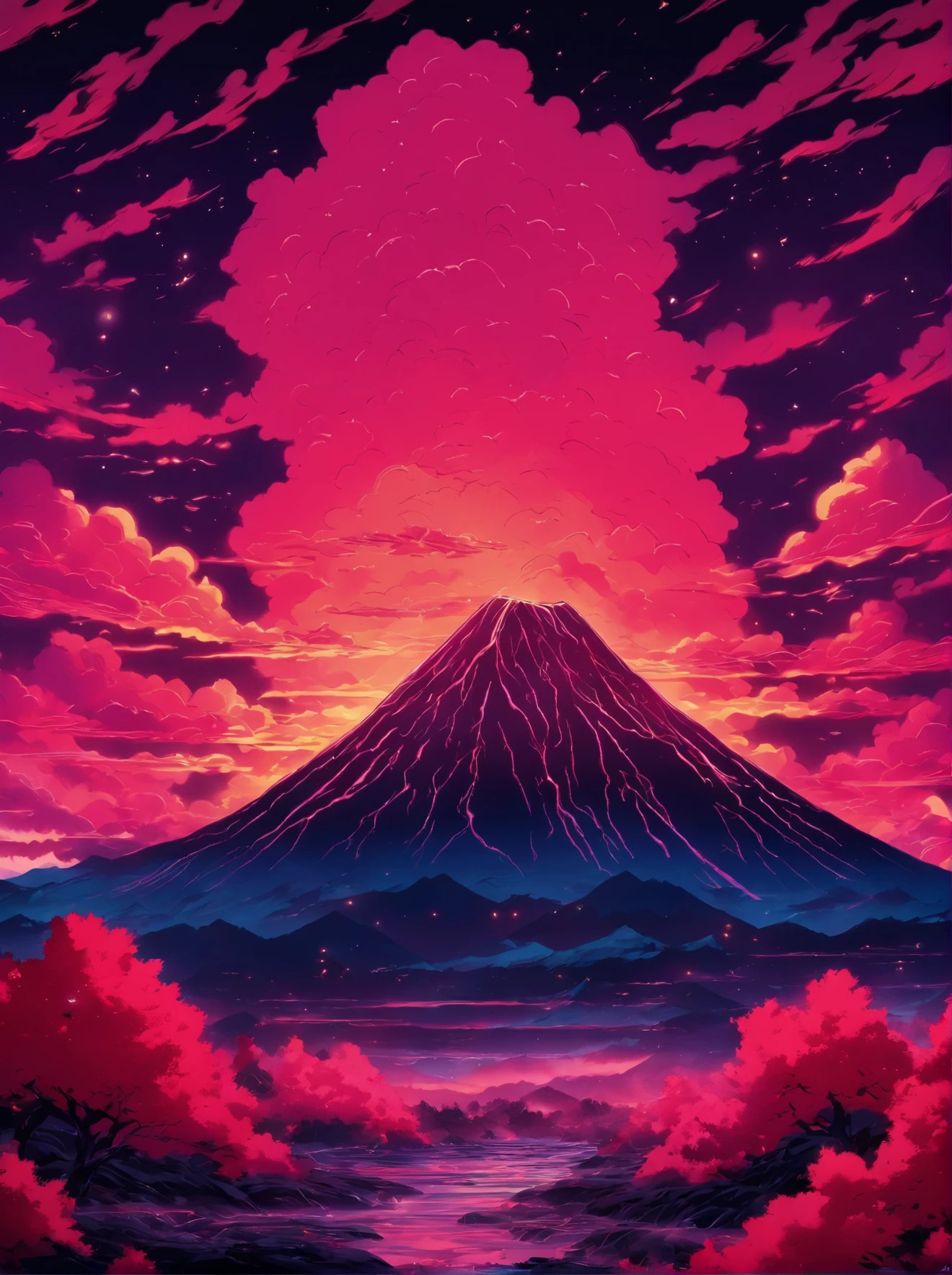 a poster of a red sky with clouds and a mountain in the background, a woodcut by Eric Dinyer, tumblr, nuclear art, charles burns, red clouds, red stormy sky, the artist is charles burns, ) ominous vibes, beautiful high contrast woodcut, brutal shapes stormy sky, victo ngai! muted colors, red skies