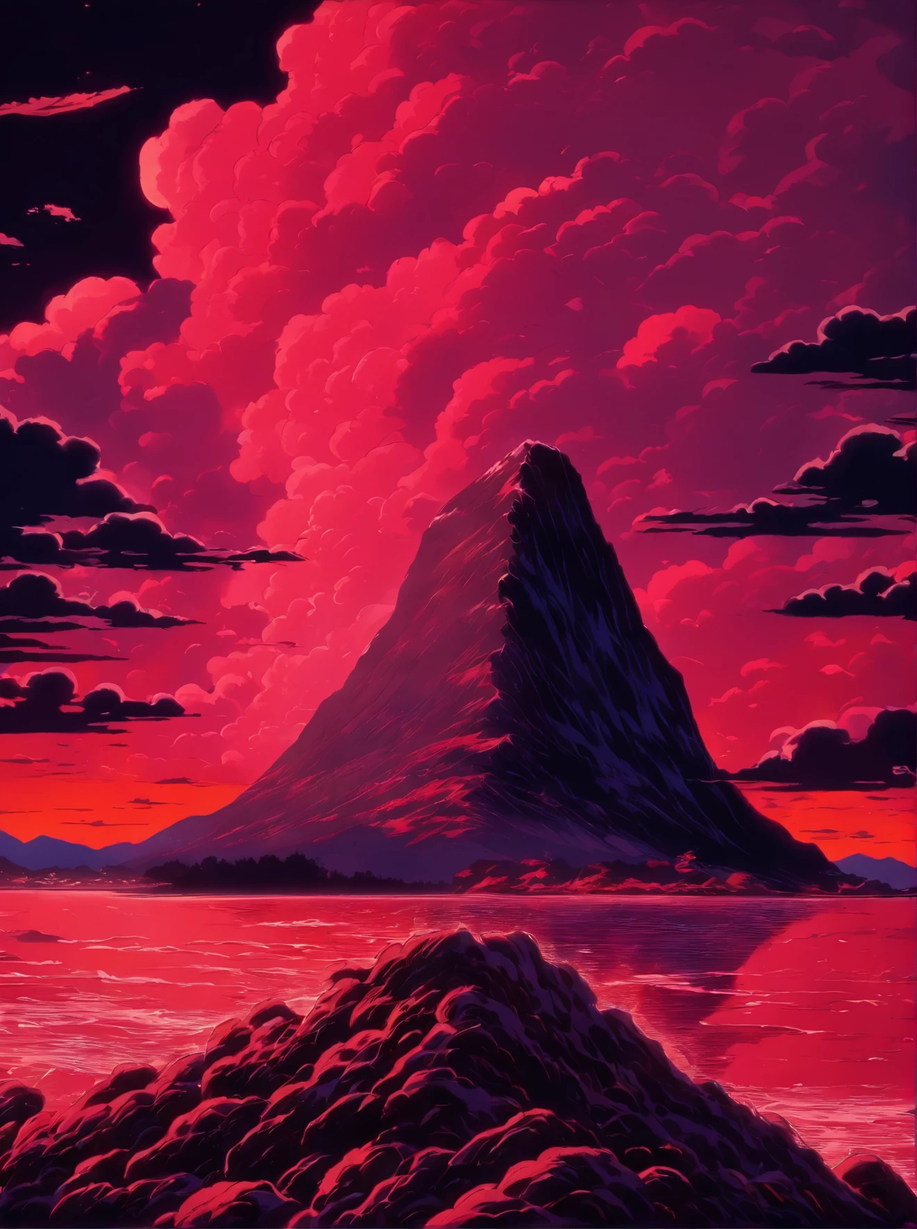 a poster of a red sky with clouds and a mountain in the background, charles burns, red clouds, by Eric Dinyer, red stormy sky, by Craig Thompson, the artist is charles burns, by Yoshio Markino, by Ed Emshwiller, ) ominous vibes, by Justin Gerard, beautiful high contrast woodcut, by Eric Auld
