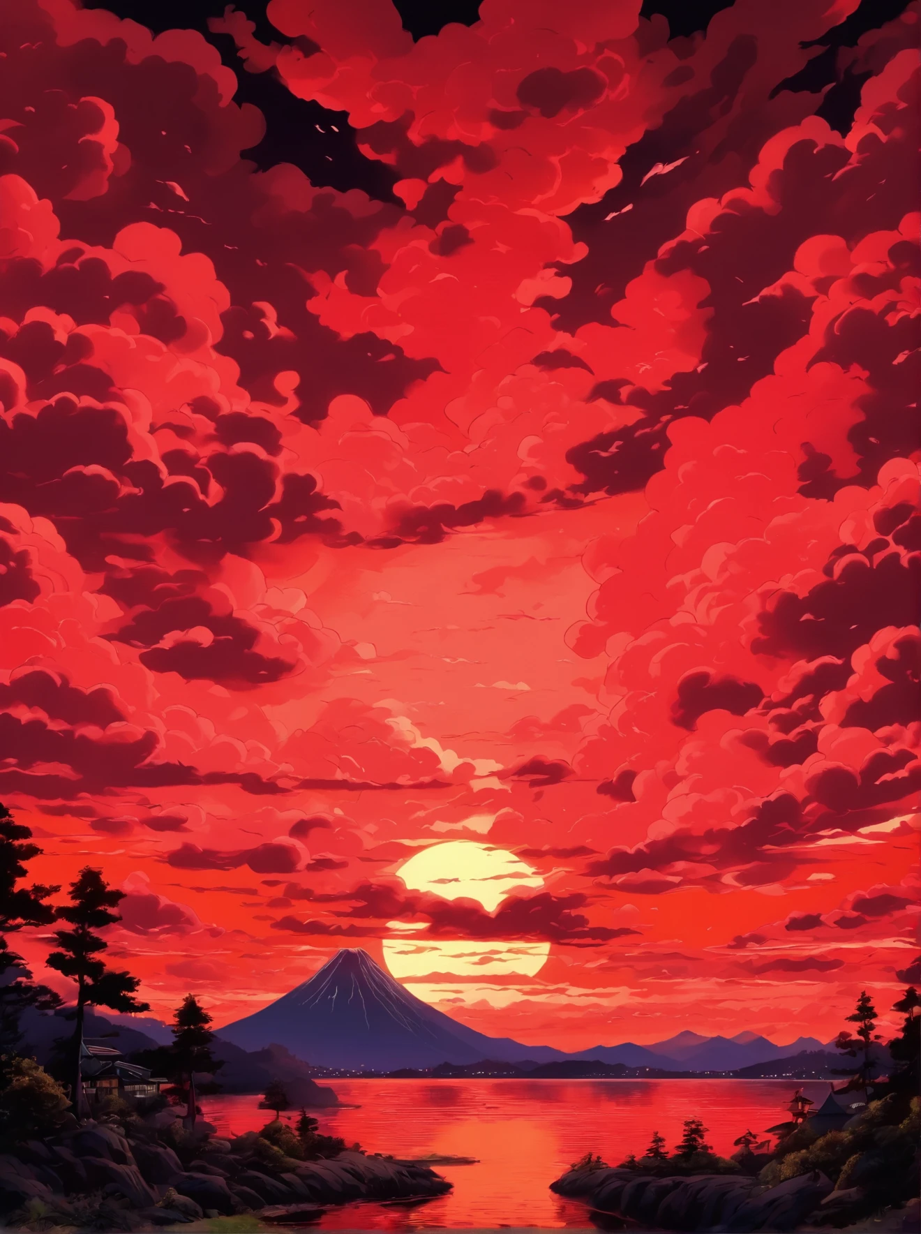 a poster of a red sky with clouds and a mountain in the background, charles burns, red clouds, by Eric Dinyer, red stormy sky, by Craig Thompson, the artist is charles burns, by Yoshio Markino, by Ed Emshwiller, ) ominous vibes, by Justin Gerard, beautiful high contrast woodcut, by Eric Auld