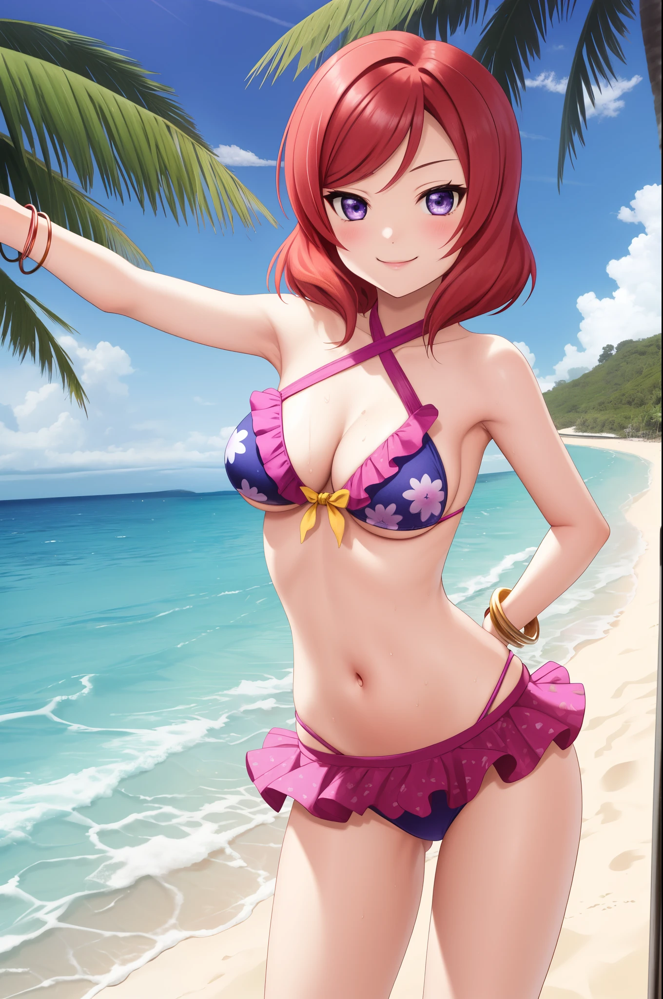 Solo,Nishikino maki, purple eyes, pink frilled bikini, halter neck,tomaro printed,moist skin, standing , cowboy shot , bracelet, beach , sexy armpits , smile