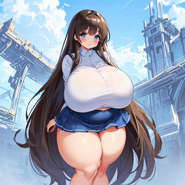 Beautiful Girl, (Overly Plump Thighs: 1.5), Biggest Breasts, Biggest Thighs, (Super Mega Ultra Thick Body: 1.5), (Enormously Huge Breasts: 1.69), (Massively Oversized Breasts: 1.5), (Extremely Wide Thighs: 1.5), (Extremely Large Breasts: 1.5), (Long Brunette Hair), (Big Beautiful Blue Eyes), Skirt, Crop-Top,