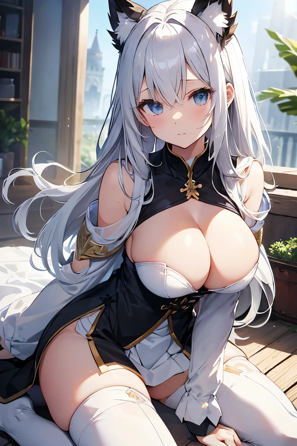 White Warrior。crusader。An illustration。girl。Big Breasts。Fantasy。Expose。White skin。mini skirt。breast。I can see your pants。With legs open。Fresnel。The hair is transparent with light。Thick thighs。She's flipping up her skirt herself。Holding out your hand。