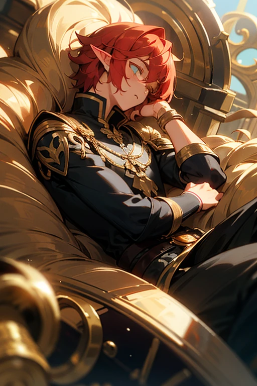 A ruby-haired male elf with a sleepy face and golden eyes, mystical gold and black clothing.