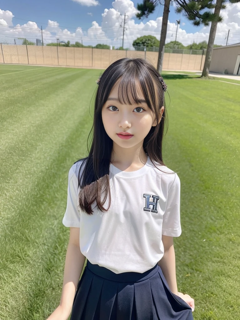 (masterpiece, highest quality:1.4), Award-winning portraits, 8k, 85mm, alone, Beautiful Face, Delicate girl,  (Cheerleader、On the grass), Sophisticated, cute, , RAW Photos, Confused, High resolution, Sharp focus, Background blur、(((Flat  、thin and delicate body、Childish atmosphere)))、shiny semi-long hair、ponytail、Mole on the left cheek、 Dark blue eyes、High Kick、the skirt is swaying in the wind、Hair swaying in the wind、sexy、Flexible legs