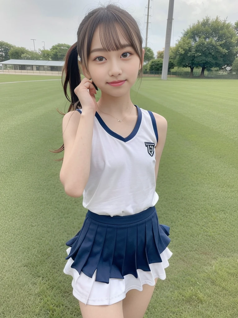 (masterpiece, highest quality:1.4), Award-winning portraits, 8k, 85mm, alone, Beautiful Face, Delicate girl,  (Cheerleader、On the grass), Sophisticated, cute, 15 years old, RAW Photos, Confused, High resolution, Sharp focus, Background blur、(((Flat  、thin and delicate body、Childish atmosphere)))、shiny semi-long hair、ponytail、Mole on the left cheek、 Dark blue eyes、High Kick、the skirt is swaying in the wind、Hair swaying in the wind、sexy、Flexible legs