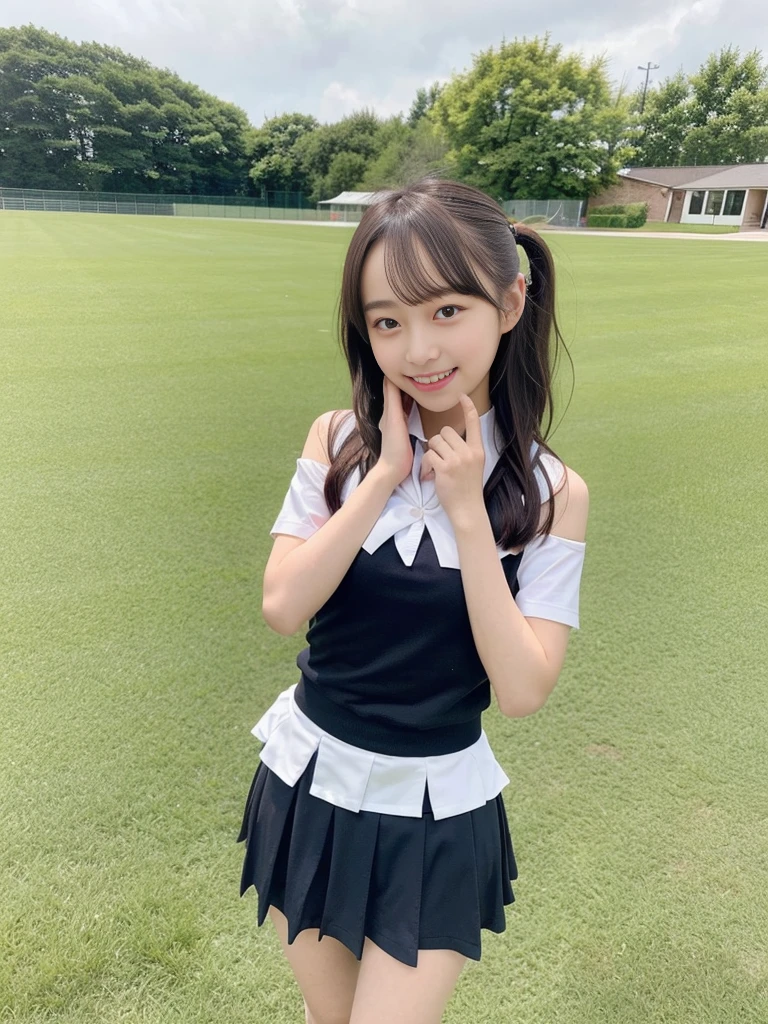 (masterpiece, highest quality:1.4), Award-winning portraits, 8k, 85mm, alone, Beautiful Face, Delicate girl,  (Cheerleader、On the grass), Sophisticated, cute, 15 years old, RAW Photos, Confused, High resolution, Sharp focus, Background blur、(((Flat  、thin and delicate body、Childish atmosphere)))、shiny semi-long hair、ponytail、Mole on the left cheek、 Dark blue eyes、High Kick、the skirt is swaying in the wind、Hair swaying in the wind、sexy、Flexible legs