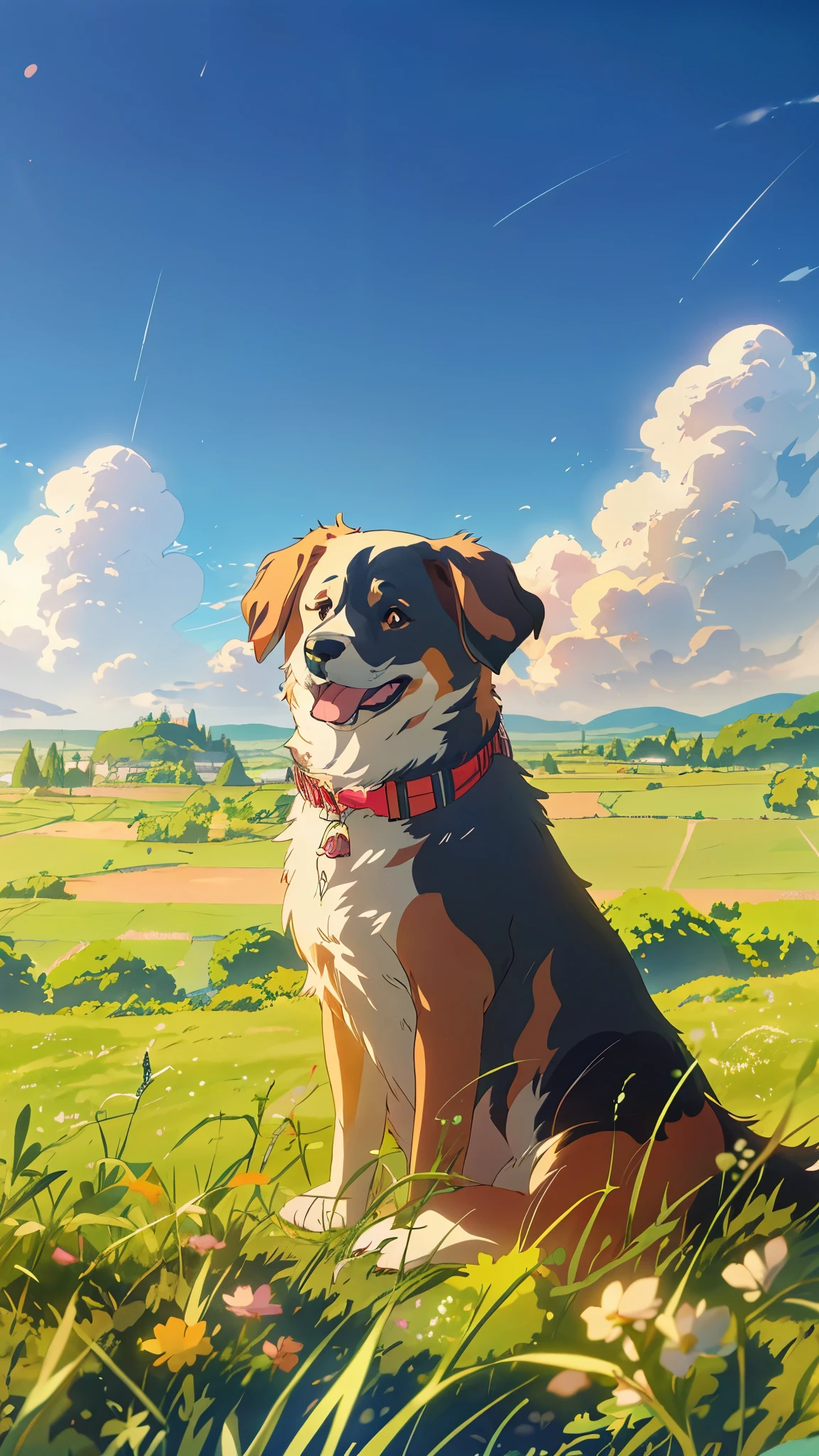 painting of a dog sitting in a field, anime countryside landscape, anime. by makoto shinkai, by makoto shinkai, by Makoto Shinkai, style of makoto shinkai, studio glibly makoto shinkai, anime landscape, makoto shinkai and (cain kuga), reflections. by makoto shinkai, studio ghibli and dan mumford