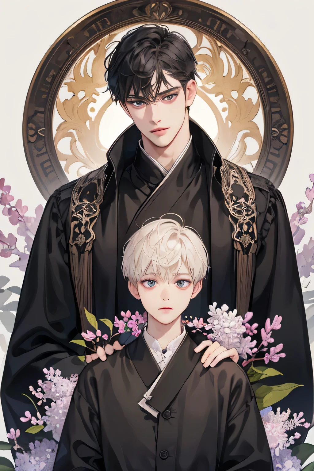 (extreamly delicate and beautiful:1.2), 8K,(masterpiece:1.0),(best_quality:1.0), 1boy, and intricate detailing, Enlarged textures, and intricate detailing, finely eye and detailed face, and intricate detailing, lilac short hair, (closed mouths), Perfect eyes, Equal eyes, lilac eyes (A male god) half body, perpect, big body, tall body, with black clothes