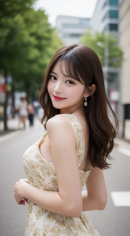 Tabletop, highest quality, figure, Very detailed, In detail, High resolution, 8k wallpaper, Perfect dynamic composition, Beautiful fine details, Summer Dresses,Medium Hair, Natural color lip, Random sexy poses,smile,Aoyama Street Walk、20-year-old girl