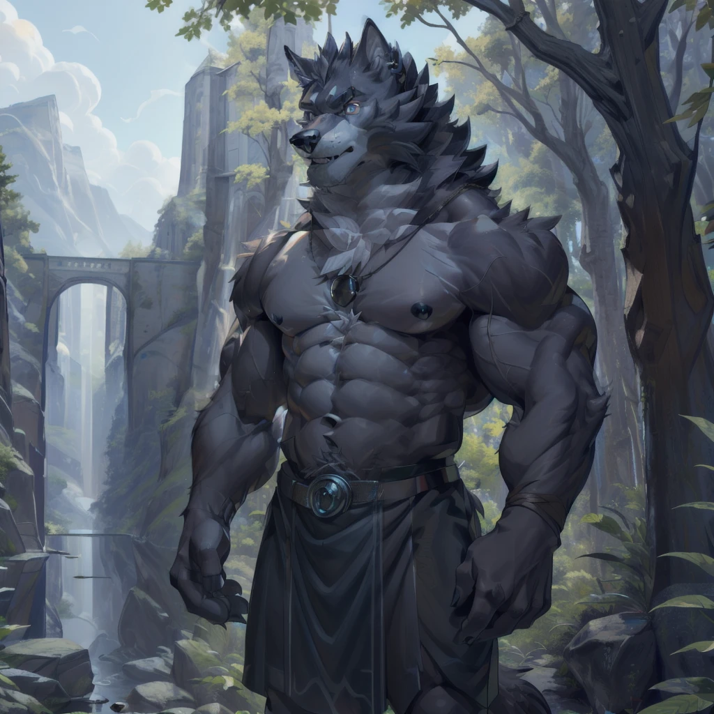 (masterpiece, best quality, hi res, extreme detail, detailed background:1.4

A powerful and majestic black wolf stands before you, his piercing blue eyes gleaming with an inner light. Every muscle and vein on his muscular and defined body is visible, each one meticulously rendered to bring out the depth and texture of his form. The high-resolution image captures every intricate detail, from the delicate hairs on his paws to the individual strands of fur covering his body. The masterpiece is a testament to artistic skill and craftsmanship, a perfect blend of realism and surrealism that leaves the viewer in awe, loincloth, sexy, nipples