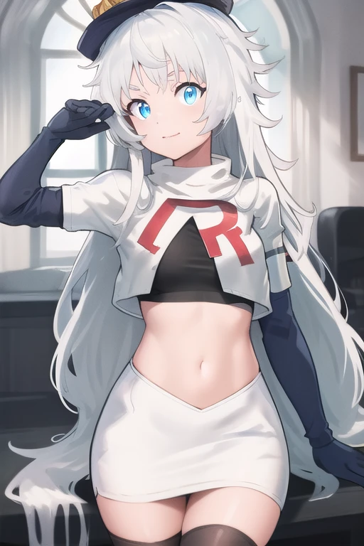 masterpiece, best quality, highres, 1girl, solo, long hair, hat, blue eyes, white hair, messy hair, team rocket,team rocket uniform,white skirt,red letter R,crop top,black thigh-highs,black elbow gloves