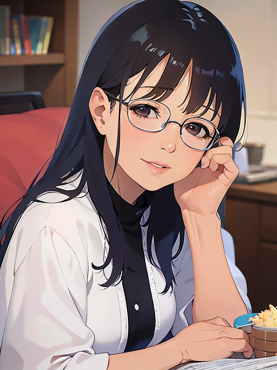 Realistic, real person, RAW photo, photorealistic, portrait photography, shiny skin, Black Hair、Medium hair with bangs、Droopy eyes、Eyes are orange, (60 year old grandmother:2)、Wearing a white blouse、smile, Alone、The background is the living room、Sitting、