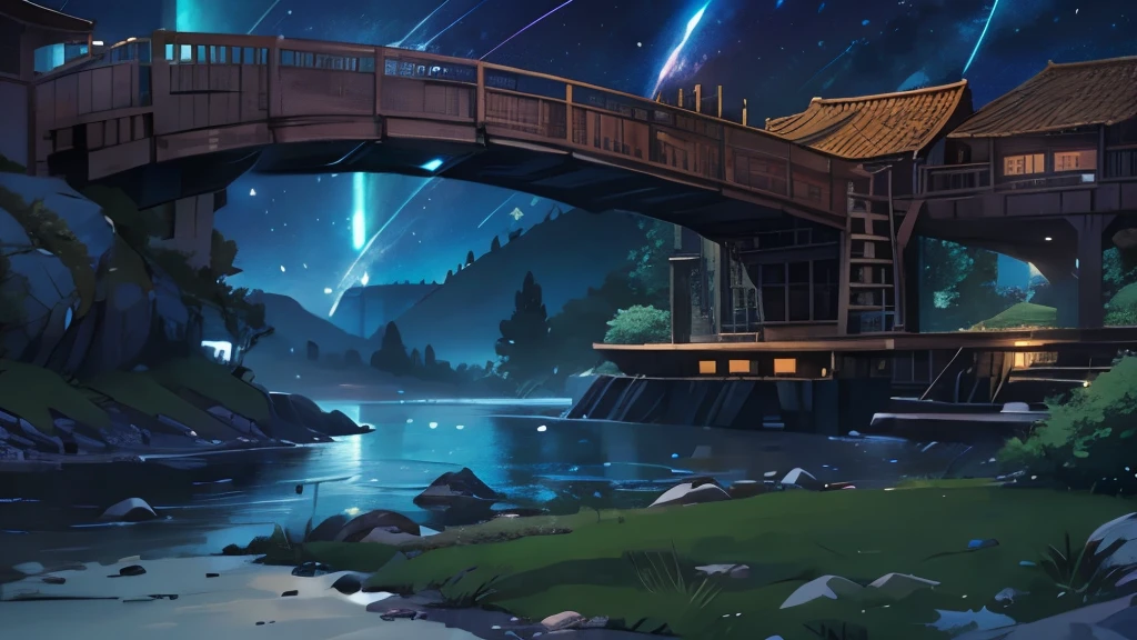 riverside。grassland,Lots of rocks,Starry Sky,Anime style,comics,Second Dimension,2D scene
