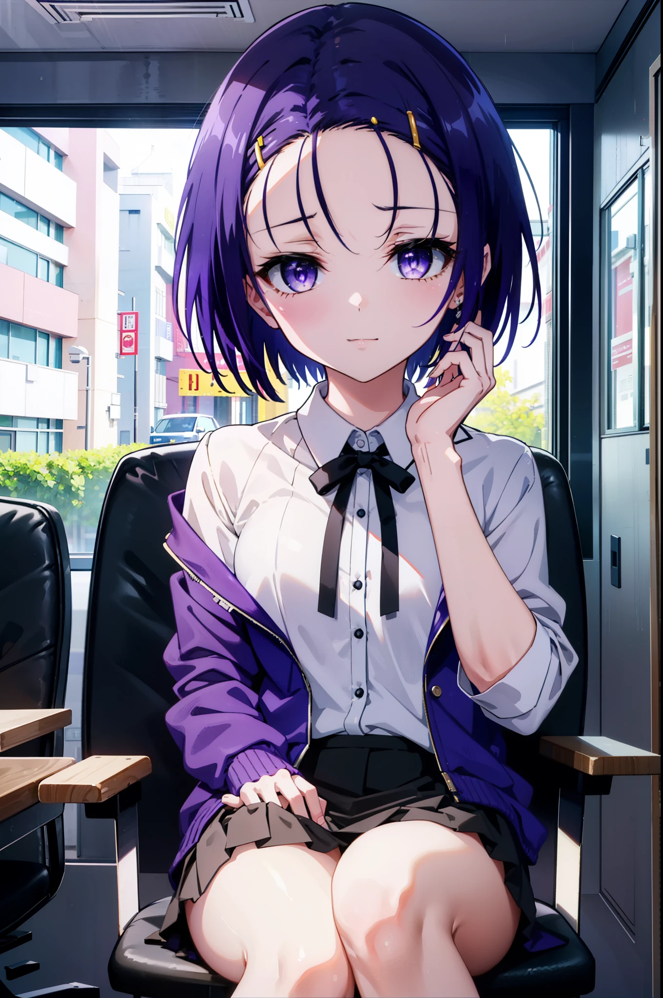 harunasairenji, haruna sairenji, (Purple eyes:1.1), Purple Hair, short hair, happy smile, smile, Open your mouth,OL, Akagi Glasses, Black suit jacket, Collared jacket, White dress shirt, Collared shirt, Neckline, button, Black pencil skirt, Black Pantyhose,Stiletto heels,sit cross-legged on a chair,There is a computer on the table,touch typing,whole bodyがイラストに入るように窓 rain cloudy,
break indoors, オフィス
break looking at viewer, whole body, (Cowboy Shot:1. 5)
break (masterpiece:1.2), highest quality, High resolution, unity 8k wallpaper, (shape:0.8), (Beautiful details:1.6), Highly detailed face, Perfect lighting, Extremely detailed CG, (Perfect hands, Perfect Anatomy),