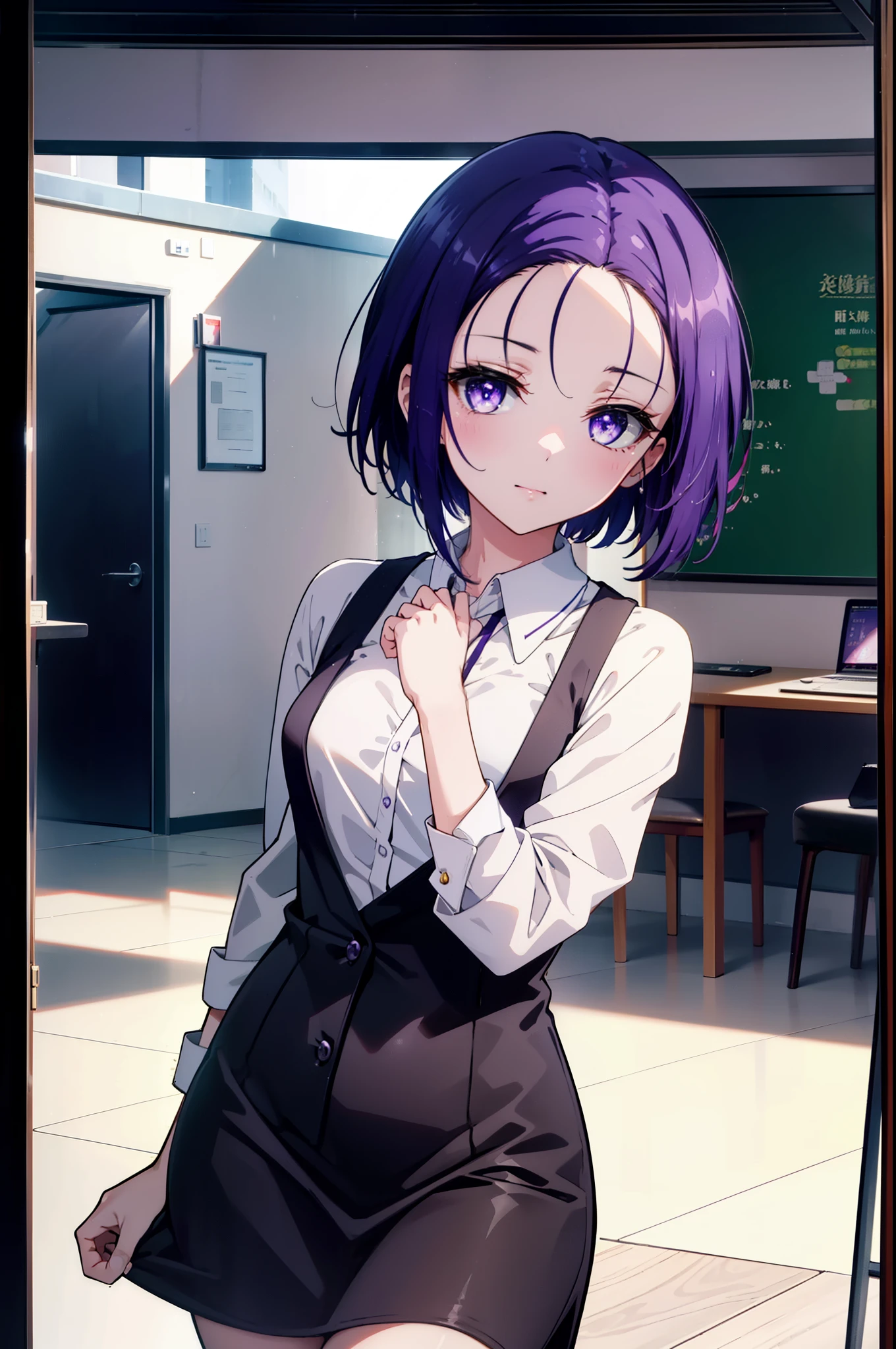 harunasairenji, haruna sairenji, (Purple eyes:1.1), Purple Hair, short hair, happy smile, smile, Open your mouth,OL, Akagi Glasses, Black suit jacket, Collared jacket, White dress shirt, Collared shirt, Neckline, button, Black pencil skirt, Black Pantyhose,Stiletto heels,sit cross-legged on a chair,There is a computer on the table,touch typing,whole bodyがイラストに入るように窓 rain cloudy,
break indoors, オフィス
break looking at viewer, whole body, (Cowboy Shot:1. 5)
break (masterpiece:1.2), highest quality, High resolution, unity 8k wallpaper, (shape:0.8), (Beautiful details:1.6), Highly detailed face, Perfect lighting, Extremely detailed CG, (Perfect hands, Perfect Anatomy),