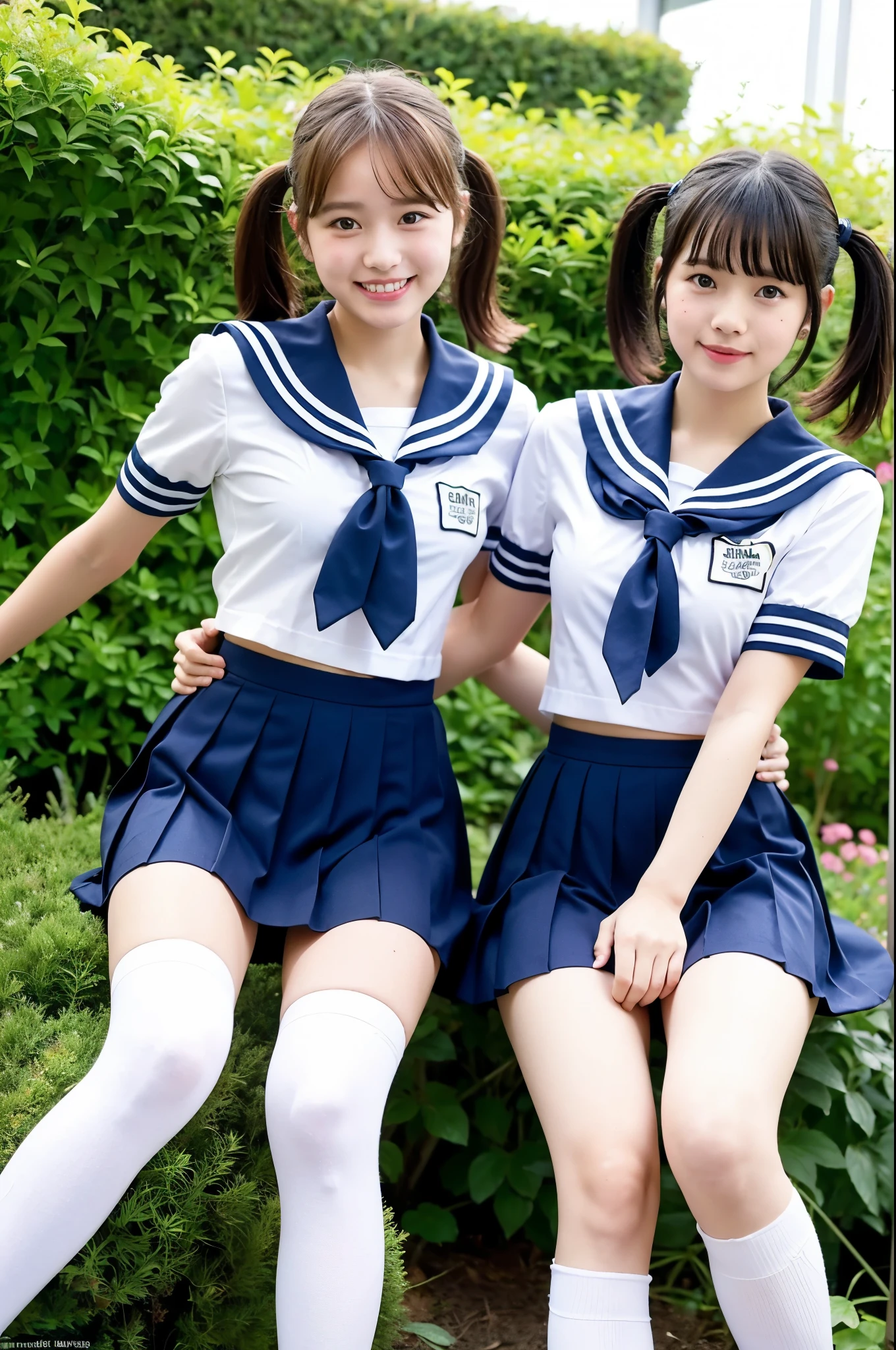 2 girls hopping in school flower garden,sailor shirt,white panties,navy blue pleated micro mini-skirt,white over-the-knee socks,18-year-old,bangs,a little smile,thighs,knees,short hair and low pigtails with barrette,from below,front light