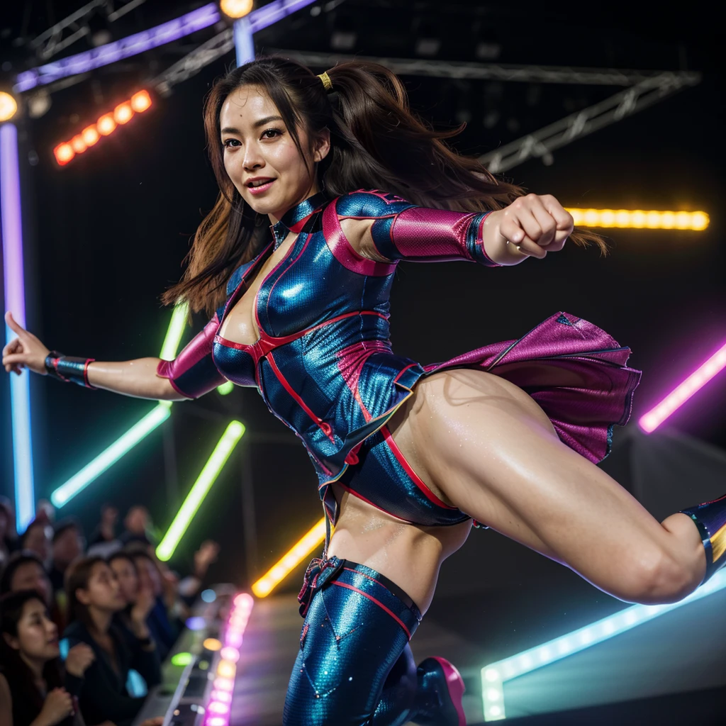 (best quality,4k,8k,highres,masterpiece:1.2),ultra-detailed,(realistic,photorealistic,photo-realistic:1.37),Japanese Idol woman,Spider Woman,cosplay,action packed,super heroine adventure,stage,panty flashes,butt flashes,portraits,vivid colors,studio lighting,physically-based rendering,ultra-fine painting,sharp focus,cute,energetic body language,expressive face,silk costume,sparkling eyes,long flowing hair,dynamic poses,enthusiastic crowd,high-tech stage effects,colorful lighting,motion blur,excitement