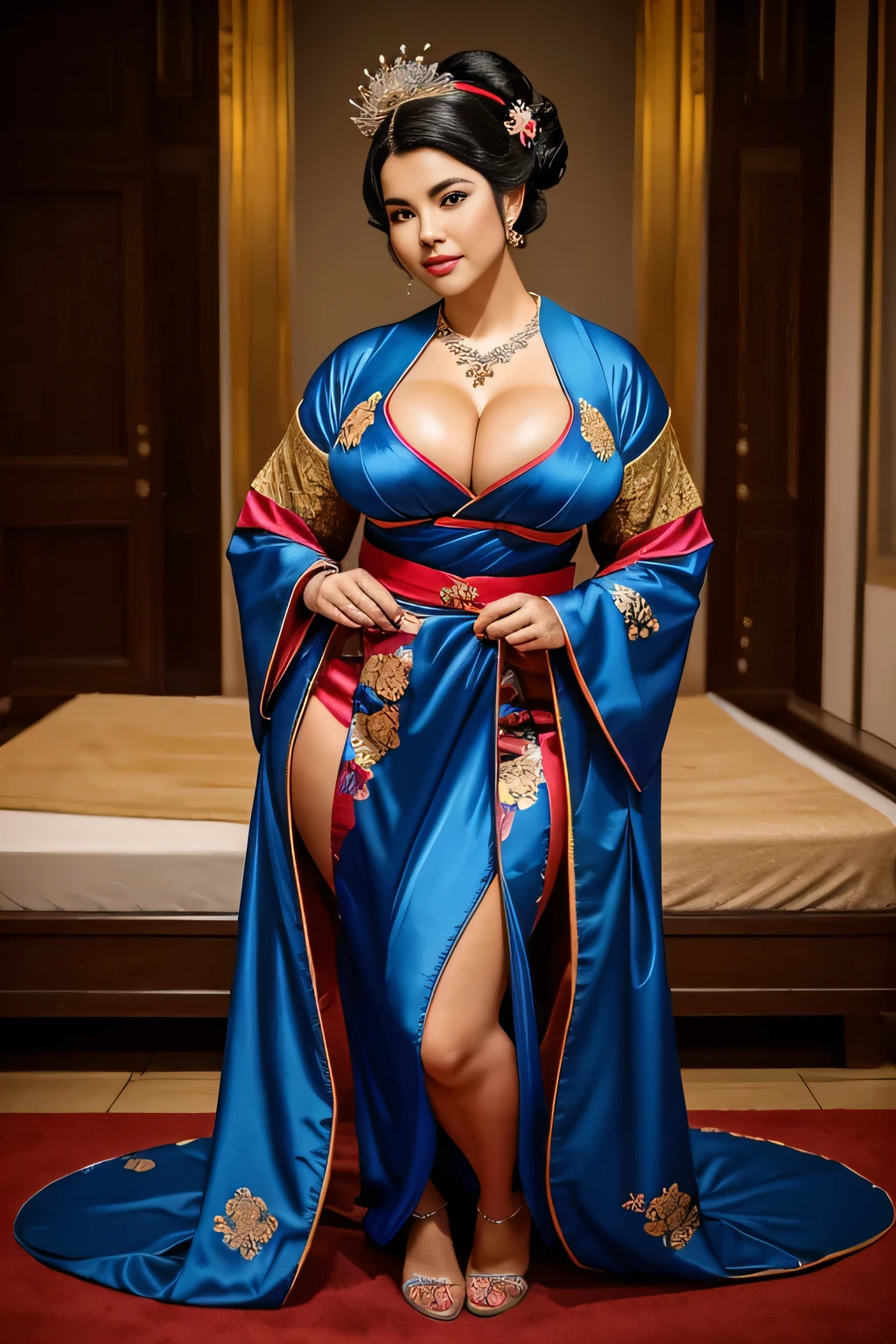 GEISHA , , BBW, photo vintage, visage feminin parfait, BLUEHAIR , tache de rousseur, 1788, big huge breasts : 58H,FRONT VIEW, Rembrandt LIGHT , EXTREME LONG V-NECK, BIG CLEAVAGE, BEAUTIFUL EYES, BEAUTIFUL HANDS, LIGHT SMILES, PERFECT FACE, tres long décolleté, CASTLE BACKGROUND, AROUSED, NECKLACE, RING, JEWELERY RICH, SFW, FULL BODY, COLORFUL, SEXY ROYAL LINGERIE, ROYAL BEDROOM, HAREM