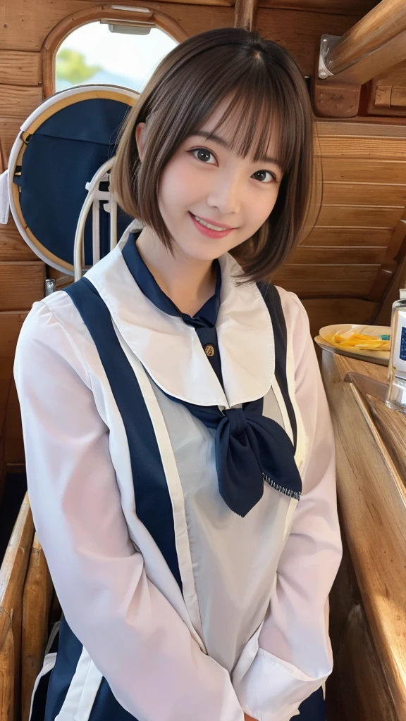 Neat and clean high school girl、(school uniform、Sailor suit、Ribbon tied on chest、Summer clothes、The upper body is white、The skirt is navy blue)、Outside the stadium、(slim)、Realistic、detailed, Skin Texture, 超detailed、Delicate and sexy collarbone、A sloppy smile、スーバーdetailedな顔、detailed唇、detailedな目、Small breasts、Small breasts、、Small breasts、Flat Chest、Accentuate your breasts、Bright Face、((Are standing、White panties are visible under her skirt、Lift the hem of your skirt slightly with both hands..,,))((Naked and wearing only a white apron、Naked sexy white apron))、Short hair with bangs、Straight Bob Hair、、Top view、10 years old