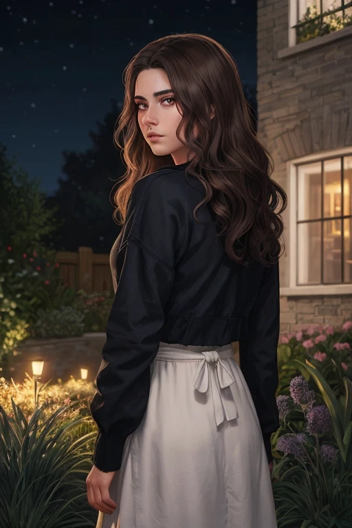 creates an image of a 19-year-old woman with long, wavy dark brown hair, un lunar debajo del ojo izquierdo, with cold and serious look, in a garden at night while his back is turned digital illustration video game version, realistic illustration 