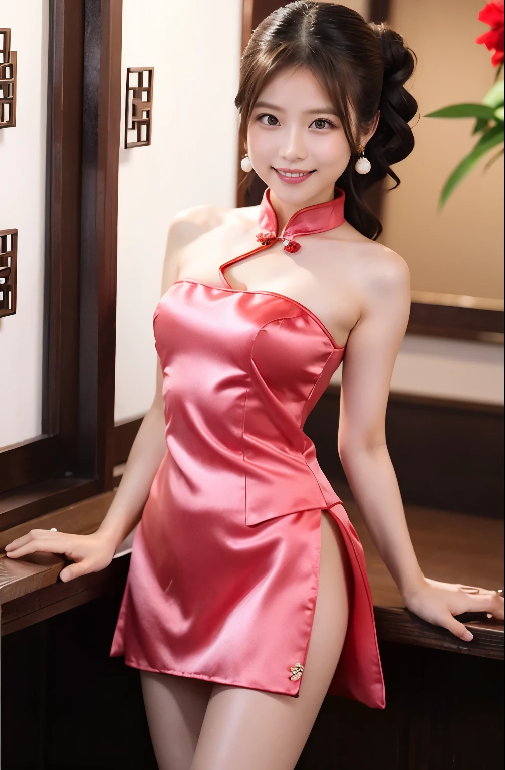 (highest quality、8k、masterpiece）、Pink satin mini skirt Chinese dress、立膝でWhite pantiesが見えている、（china clothes in mini skirts:1.4）,（White panties:1.5)、17 year old slender beauty，Flashy makeup using red eyeshadow，Open your mouth wide、Yōho、double eyelid，Delicate medium cut ponytail，squat、Spread your legs，　White pantiesーを見せる,彼女のWhite pantiesーがはっきりと見える、Sexy Chinese dress and silk mini skirt，The best smile，She is wearing a sexy short colorful cheongsam。。，Cheongsam with deep slit，Draw hands correctly，The background is the bright interior of a Chinese restaurant...，