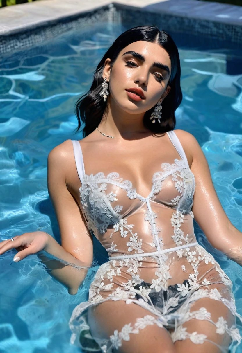 Dua Lipa, detailed face, lying in a pool of water, young and seductiveShe is wearing a transparent silk gown, adorned with lace stockingsHer outfit is completed with fashionable shoes, featuring high-rise and thin heels