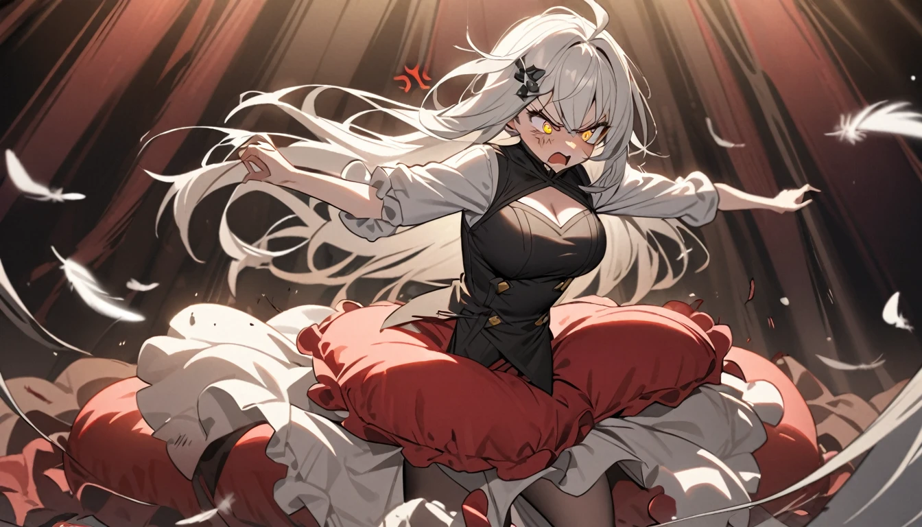 A woman, flowing white hair, melancholy eyes, yellow pupils, black diamond-shaped hairpin, A woman is cutting up a Tattered super huge red silk cushion with scissors in a dirty way. Tiny feathers are dancing, angry,