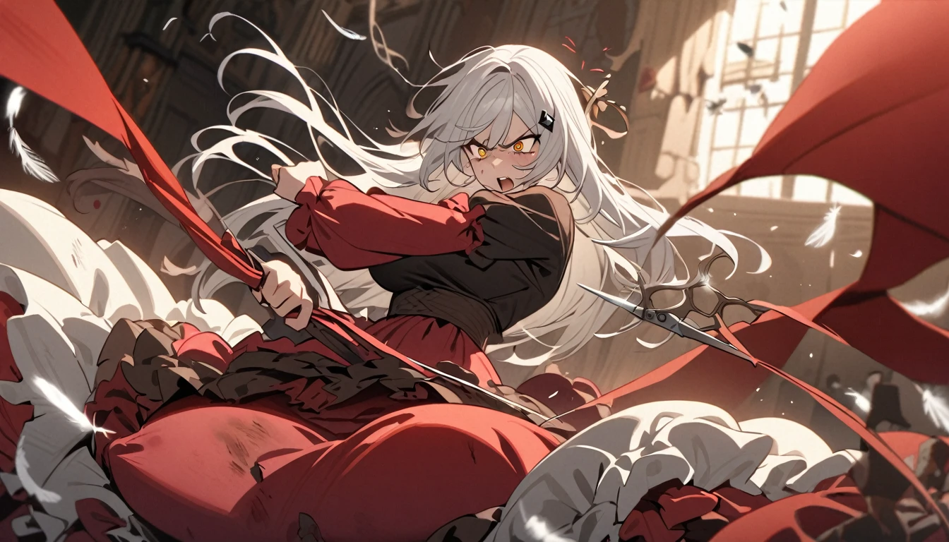 A woman, flowing white hair, melancholy eyes, yellow pupils, black diamond-shaped hairpin, A woman is cutting up a Tattered super huge red silk cushion with scissors in a dirty way. Tiny feathers are dancing, angry,
